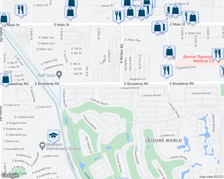 map of restaurants, bars, coffee shops, grocery stores, and more near 1846 Leisure World in Mesa
