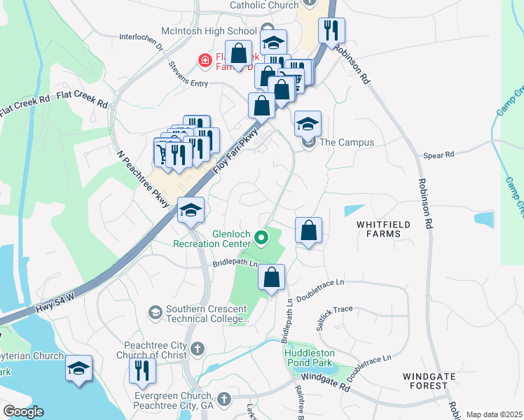 map of restaurants, bars, coffee shops, grocery stores, and more near 115 Hamilton Drive in Peachtree City