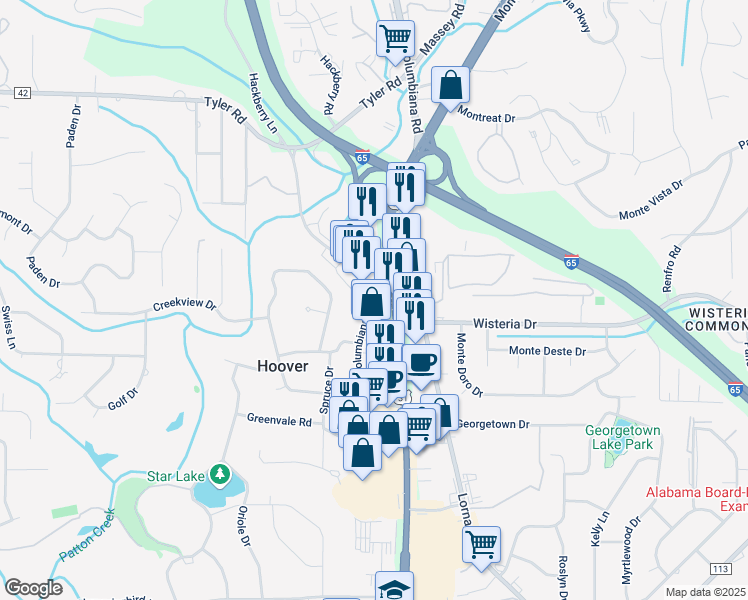 map of restaurants, bars, coffee shops, grocery stores, and more near Old Columbiana Road in Birmingham