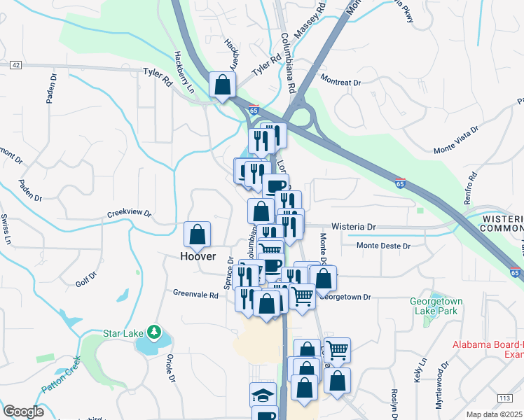 map of restaurants, bars, coffee shops, grocery stores, and more near Old Columbiana Road in Birmingham
