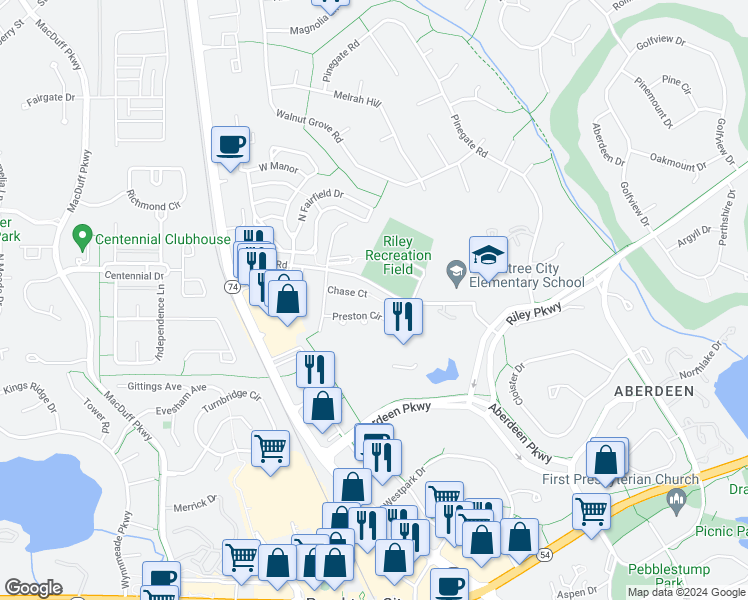 map of restaurants, bars, coffee shops, grocery stores, and more near 116 Chase Court in Peachtree City