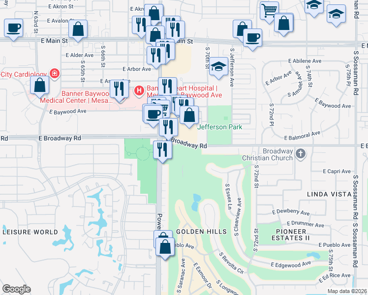 map of restaurants, bars, coffee shops, grocery stores, and more near 425 S Power Rd in Mesa