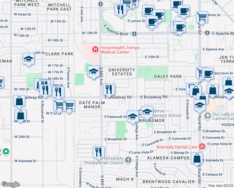 map of restaurants, bars, coffee shops, grocery stores, and more near 114 East Broadway Road in Tempe