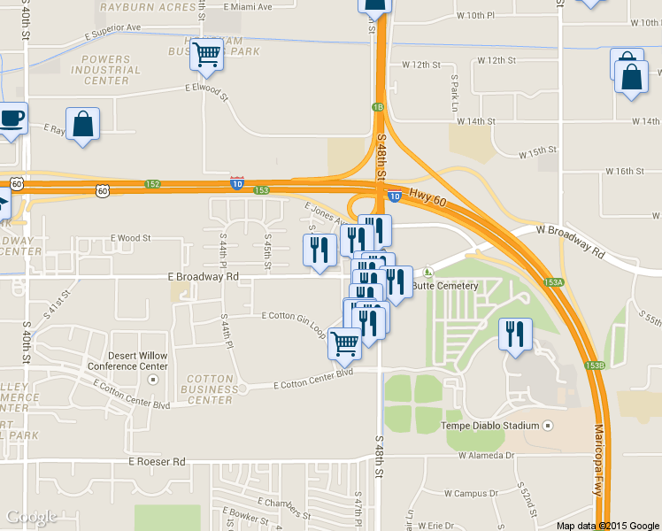 map of restaurants, bars, coffee shops, grocery stores, and more near 4630 East Pueblo Avenue in Phoenix