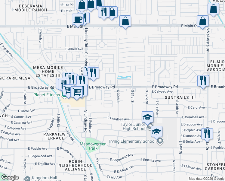 map of restaurants, bars, coffee shops, grocery stores, and more near 2885 East Broadway Road in Mesa