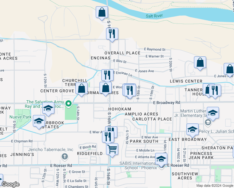 map of restaurants, bars, coffee shops, grocery stores, and more near 1623 East Wood Street in Phoenix