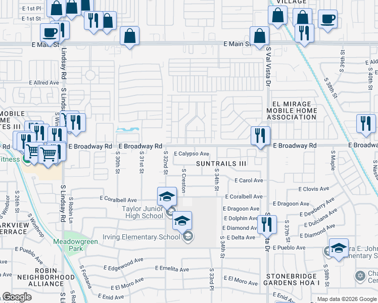 map of restaurants, bars, coffee shops, grocery stores, and more near 3256 East Calypso Avenue in Mesa
