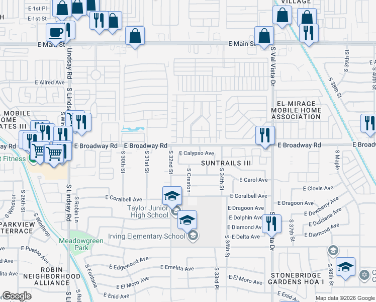 map of restaurants, bars, coffee shops, grocery stores, and more near 3256 East Calypso Avenue in Mesa