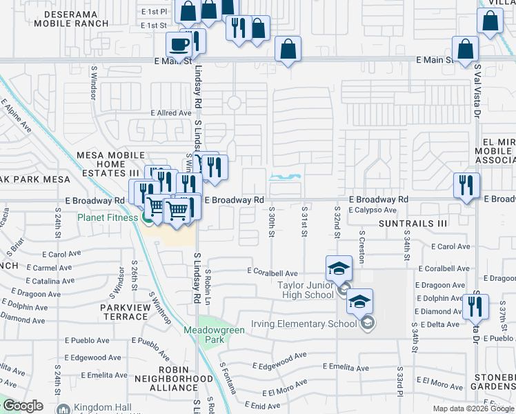 map of restaurants, bars, coffee shops, grocery stores, and more near 2885 East Broadway Road in Mesa