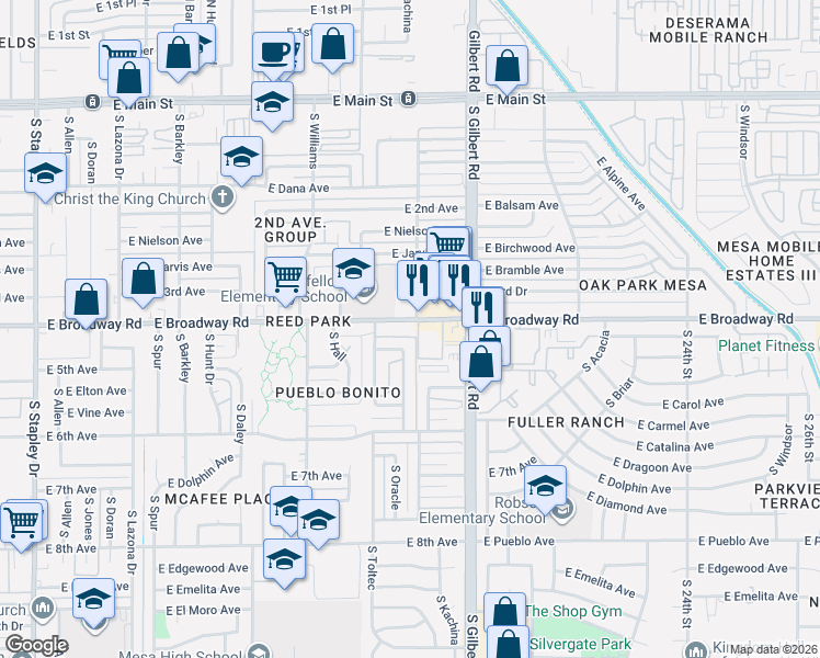 map of restaurants, bars, coffee shops, grocery stores, and more near 1859 East Broadway Road in Mesa