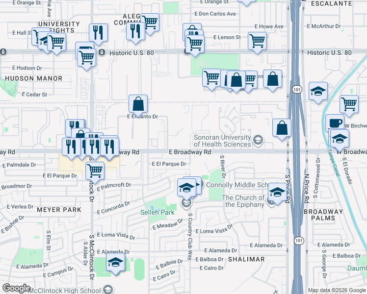 map of restaurants, bars, coffee shops, grocery stores, and more near 1980 East Broadway Road in Tempe