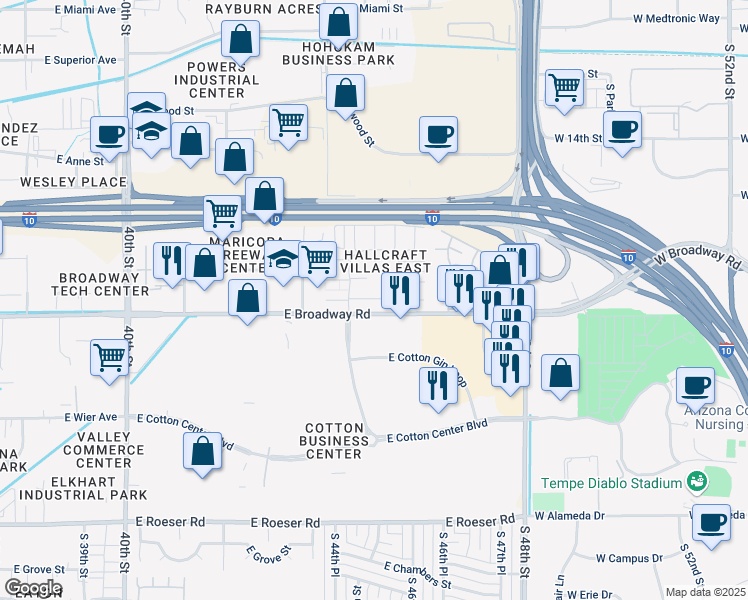 map of restaurants, bars, coffee shops, grocery stores, and more near 4438 East Pueblo Avenue in Phoenix
