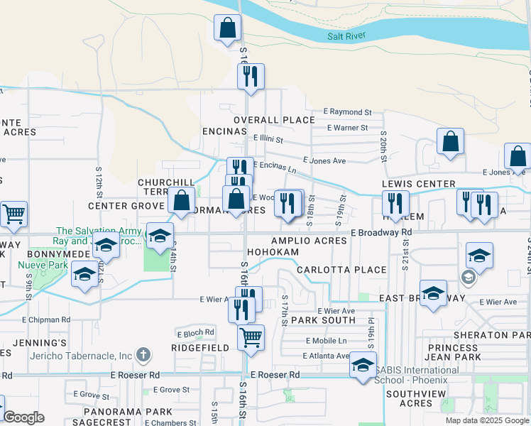 map of restaurants, bars, coffee shops, grocery stores, and more near 1627 East Wood Street in Phoenix