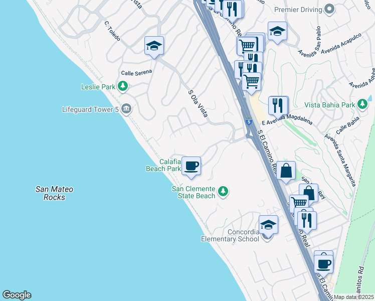 map of restaurants, bars, coffee shops, grocery stores, and more near 250 Avenida Montalvo in San Clemente