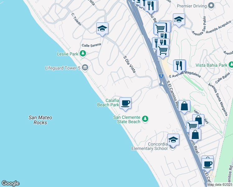 map of restaurants, bars, coffee shops, grocery stores, and more near 2407 Plaza a La Playa in San Clemente