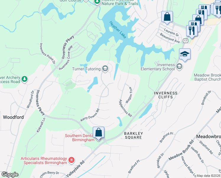 map of restaurants, bars, coffee shops, grocery stores, and more near 5004 Kerry Downs Road in Birmingham