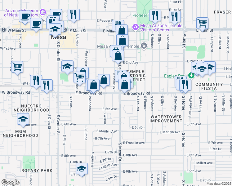 map of restaurants, bars, coffee shops, grocery stores, and more near 322 East Broadway Road in Mesa