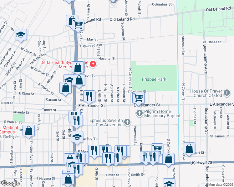 map of restaurants, bars, coffee shops, grocery stores, and more near 1647 East College Street in Greenville