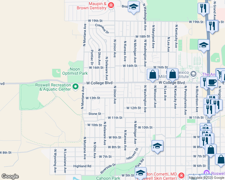 map of restaurants, bars, coffee shops, grocery stores, and more near 1003 West 14th Street in Roswell