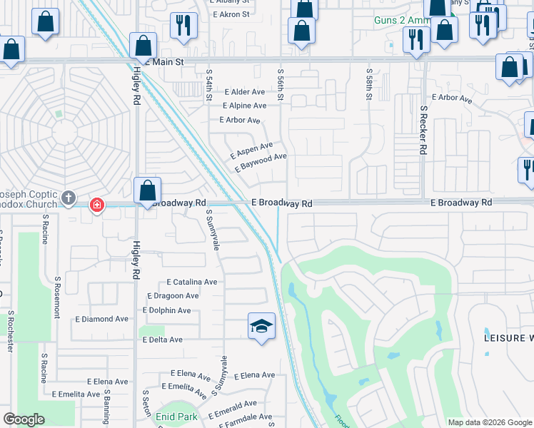 map of restaurants, bars, coffee shops, grocery stores, and more near 5535 East Broadway Road in Mesa