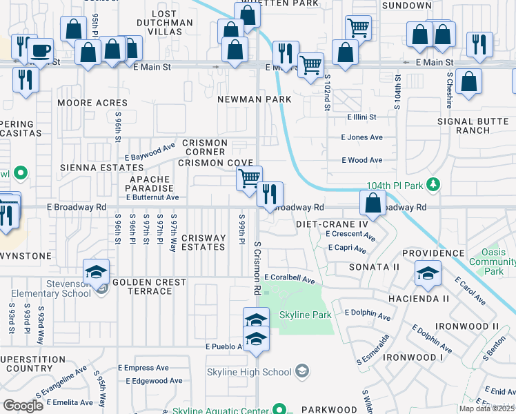 map of restaurants, bars, coffee shops, grocery stores, and more near S Crismon Rd & E Broadway Rd in Mesa