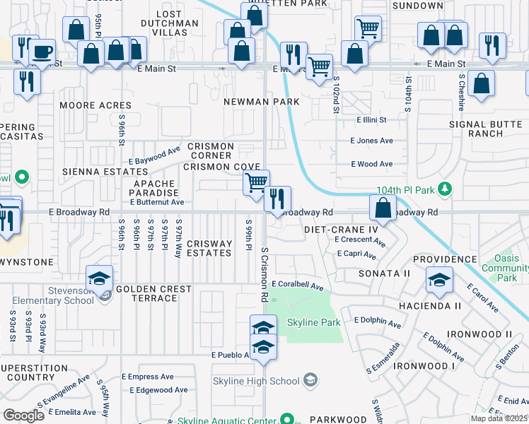 map of restaurants, bars, coffee shops, grocery stores, and more near E Broadway Rd & S Crismon Rd in Mesa