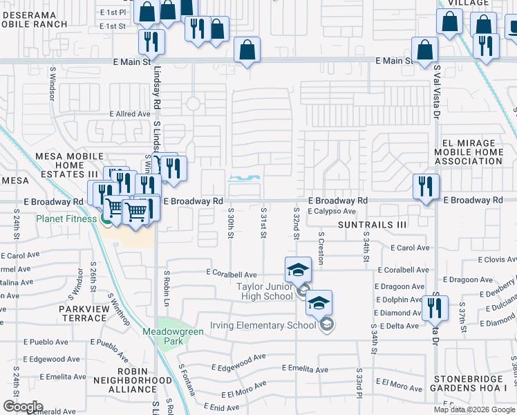 map of restaurants, bars, coffee shops, grocery stores, and more near 414 South 31st Street in Mesa