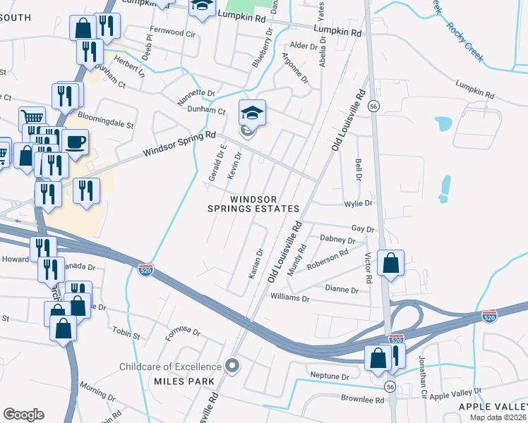 map of restaurants, bars, coffee shops, grocery stores, and more near 3228 Ronda Drive in Augusta