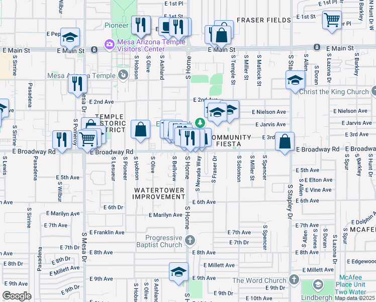 map of restaurants, bars, coffee shops, grocery stores, and more near E Broadway Rd & S Horne in Mesa