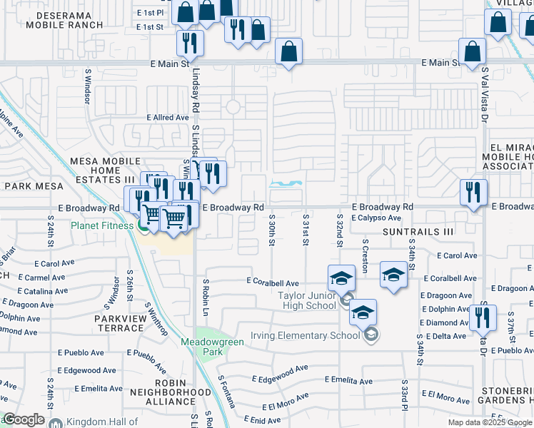 map of restaurants, bars, coffee shops, grocery stores, and more near 412 South 30th Street in Mesa