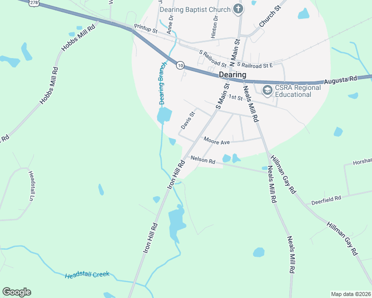 map of restaurants, bars, coffee shops, grocery stores, and more near 317 South Main Street in Dearing