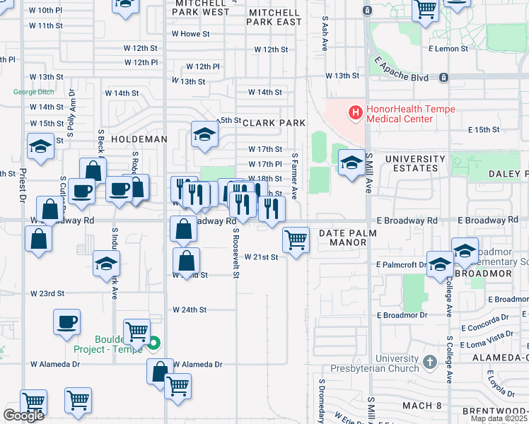 map of restaurants, bars, coffee shops, grocery stores, and more near 500 West Broadway Road in Tempe