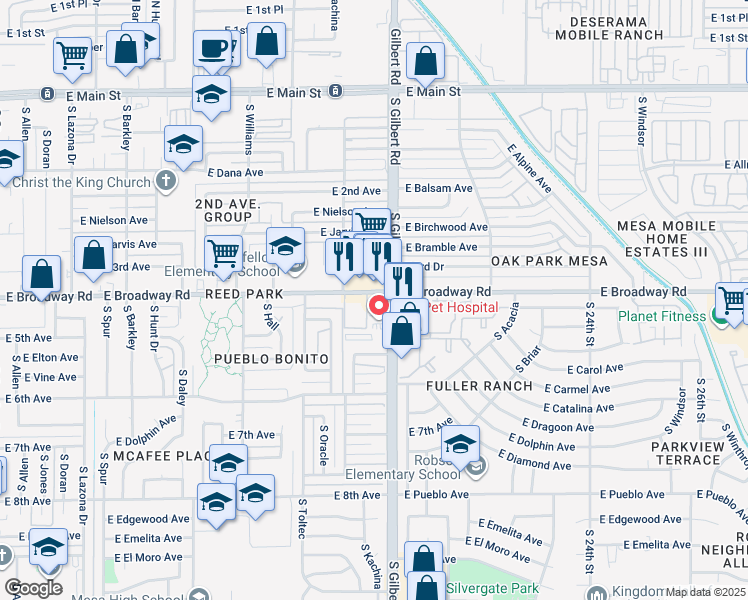 map of restaurants, bars, coffee shops, grocery stores, and more near 1937 East Broadway Road in Mesa