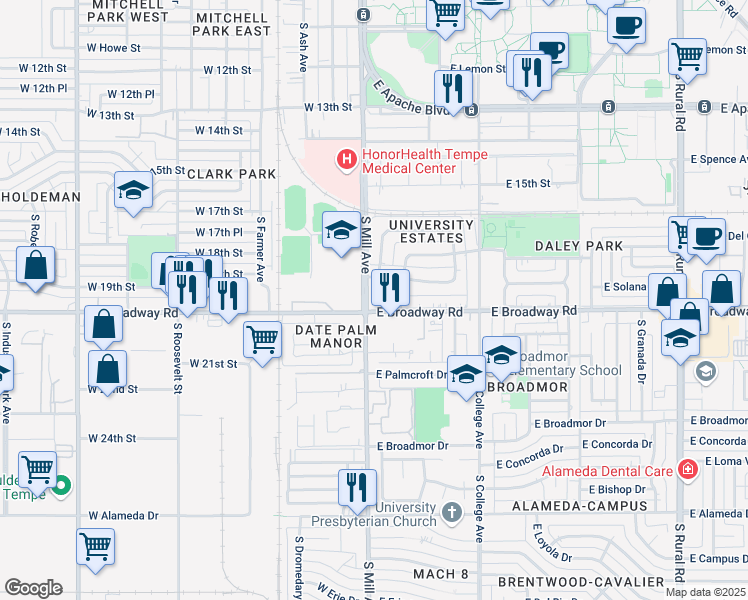 map of restaurants, bars, coffee shops, grocery stores, and more near 64 East Broadway Road in Tempe