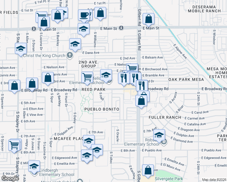 map of restaurants, bars, coffee shops, grocery stores, and more near 1829 East Broadway Road in Mesa