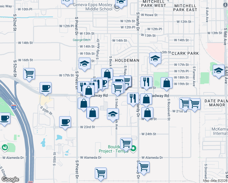map of restaurants, bars, coffee shops, grocery stores, and more near 1040 West Broadway Road in Tempe