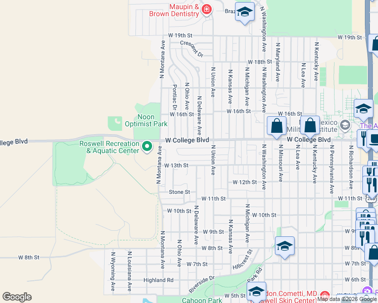 map of restaurants, bars, coffee shops, grocery stores, and more near 1001-1199 West 14th Street in Roswell