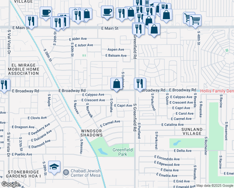 map of restaurants, bars, coffee shops, grocery stores, and more near 4323 E Broadway Rd in Mesa