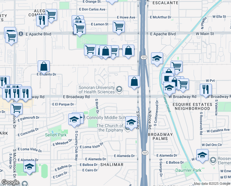 map of restaurants, bars, coffee shops, grocery stores, and more near 2164 E Broadway Rd in Tempe