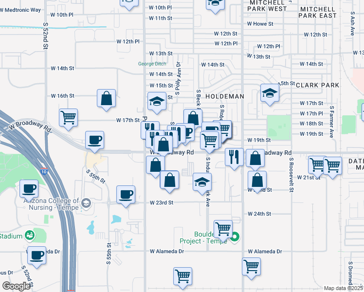 map of restaurants, bars, coffee shops, grocery stores, and more near 1202 West Broadway Road in Tempe