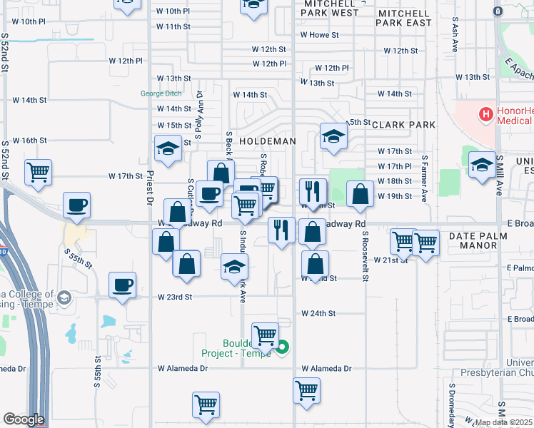 map of restaurants, bars, coffee shops, grocery stores, and more near 930 West Broadway Road in Tempe