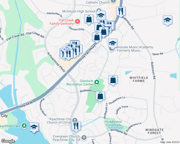 map of restaurants, bars, coffee shops, grocery stores, and more near 117 Grenoble Road in Peachtree City