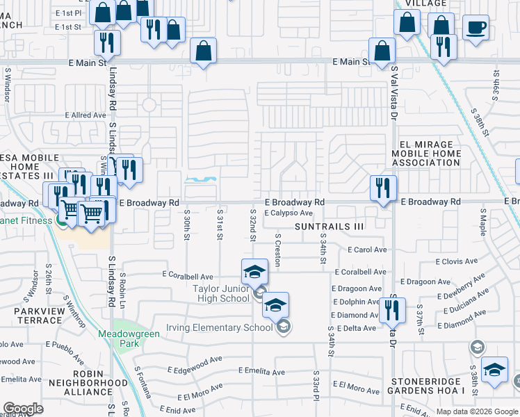 map of restaurants, bars, coffee shops, grocery stores, and more near 3202 East Calypso Avenue in Mesa