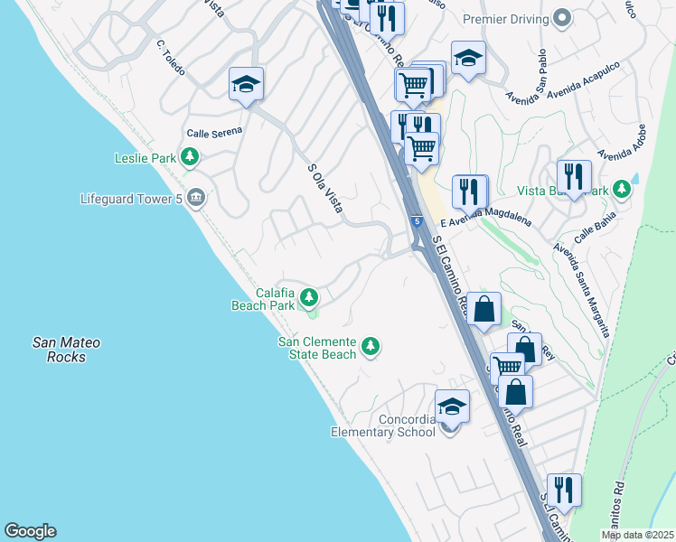 map of restaurants, bars, coffee shops, grocery stores, and more near 220 Avenida Montalvo in San Clemente