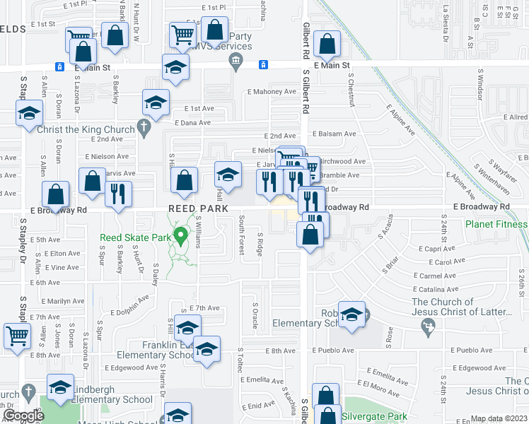 map of restaurants, bars, coffee shops, grocery stores, and more near 1859 East Broadway Road in Mesa