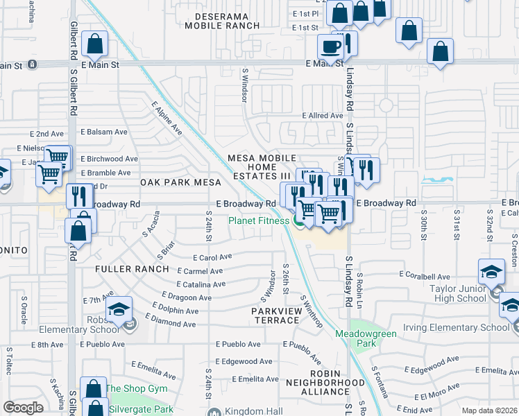 map of restaurants, bars, coffee shops, grocery stores, and more near 2455 East Broadway Road in Mesa
