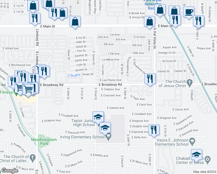 map of restaurants, bars, coffee shops, grocery stores, and more near 3256 East Calypso Avenue in Mesa