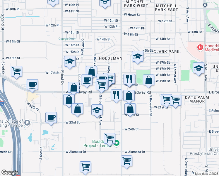 map of restaurants, bars, coffee shops, grocery stores, and more near 930 West Broadway Road in Tempe