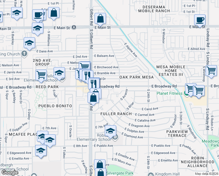 map of restaurants, bars, coffee shops, grocery stores, and more near 2119 East Broadway Road in Mesa