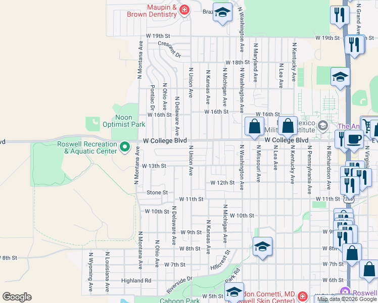 map of restaurants, bars, coffee shops, grocery stores, and more near 1001 West 14th Street in Roswell